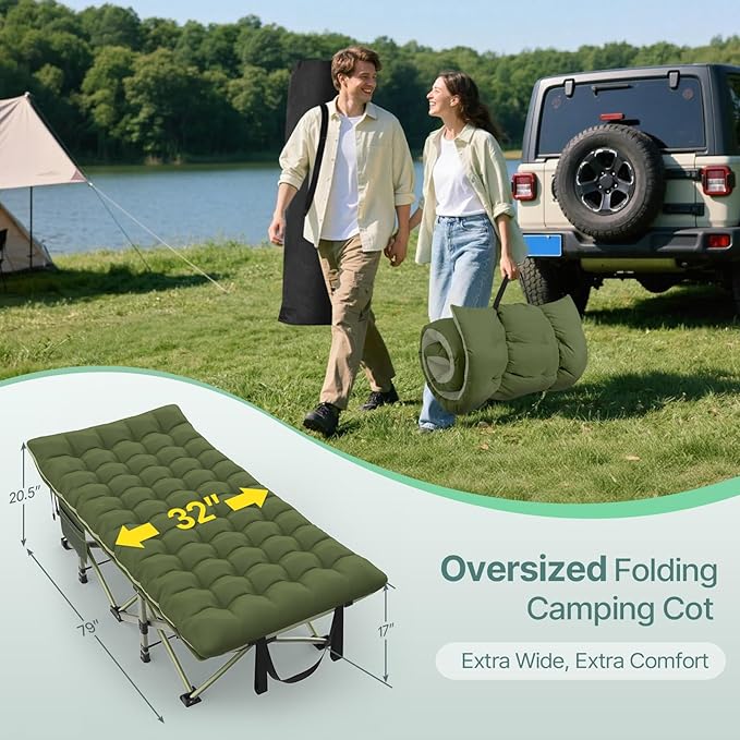 Suteck 32In XXL Folding Camping Cot 900LBS Heavy Duty Sleeping Cot with Pillow Mattress 1200D Double-Layer Oxford Portable Cot for Adults with Carry Bag for Home Office Nap Beach Travel