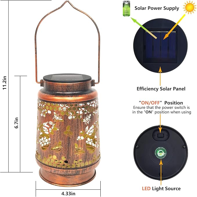 Solar Lanterns Outdoor Hanging Honeybee Decor LanternWaterproof Hollow Out Retro Metal Decorative Garden LightGraceful Decoration for PatioYardLandscapeWalkwayFestival