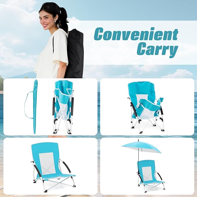 Giantex Low Folding Beach Chair with Detachable &amp Adjustable Umbrella Carrying Bag Padded Armrests Mesh High Back Load 330 LBS Anti-Slip Foot Pads Camping Chair for Picnic Lawn Blue