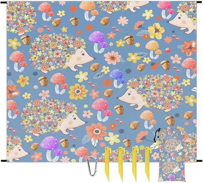 Hedgehog Mushroom Lightweight Beach Blanket Waterproof Sandproof 59X68 Sand Free Beach Mat with 4 Stakes Compact Outdoor Blanket for Beach Quick Drying Picnic Mat for Travel Camping