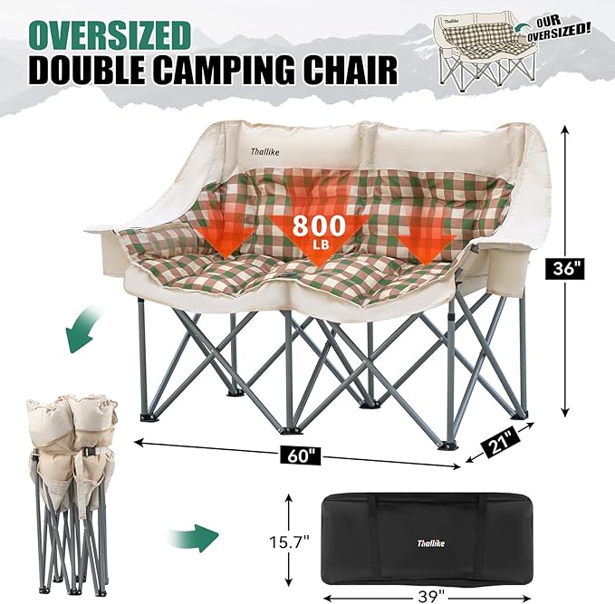 Double Camping Chair Oversized 2 Person Camp Chairs with Cup Holders Side &amp Backrest Mesh Pockets Padded Loveseat Camping Chair Foldable for Outdoor Lawn Backyard Beach Support 800LB
