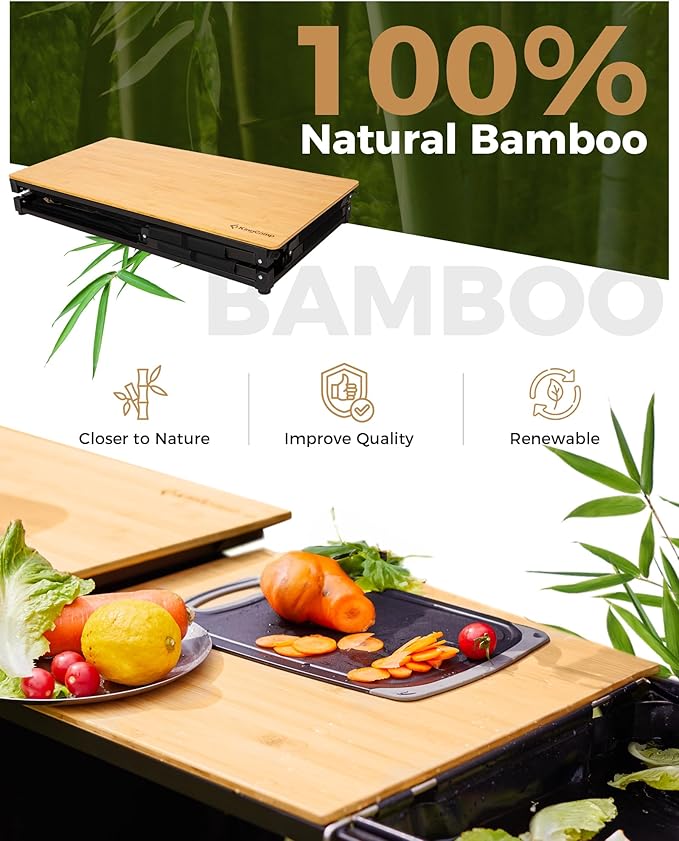 KingCamp Bamboo Camp Kitchen Station Folding Overland Camping Kitchen Table Hooks Portable Outdoor Cooking with Adjustable Lantern Pole &amp Windshield Storage Organizer for Tailgating BBQ Picnic RV
