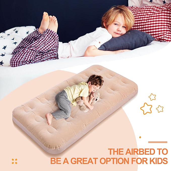 Geetery Kids Air Mattress Toddler Inflatable Airbed 55x27.6x8.7 Inch Foldable Comfort Flocked Blow up Bed with Patch Kit Portable Sleepover Mattresses for Home Travel Camping Party(Beige 2 Pcs)