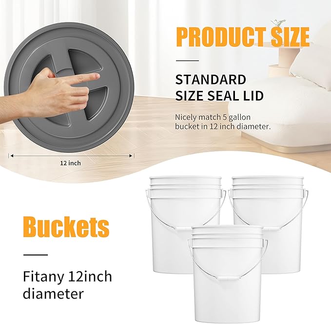 4 Pieces 5 Gallon Bucket Lids 12inch Leak-proof Plastic Seal Screw Top Airtight Lid Reusable Drum &amp Pail Lid for Pet Food Storage Home Paint Storage and Industrial Storage Buckets -Grey