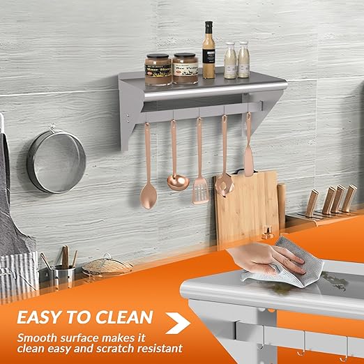 Commercial Stainless Steel Shelf with 5 Hooks 12 x 24 Wall Mounted Food Service Storage Rack Shelves Heavy Duty 250 lb Metal Shelf for Kitchen Restaurant Food Truck Garage Laundry Room