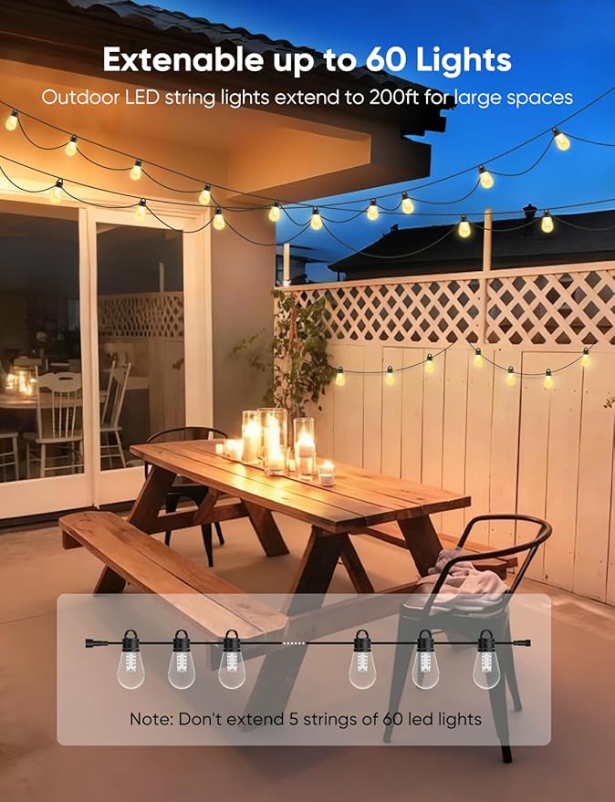 APPECK Outdoor String Lights 150ft Smart RGBW Outdoor Patio Lights with 45 LED Bulbs Extendable 111 Scene Modes IP65 Waterproof Lighting for Outside Dimmable Warm White Compatible with Alexa