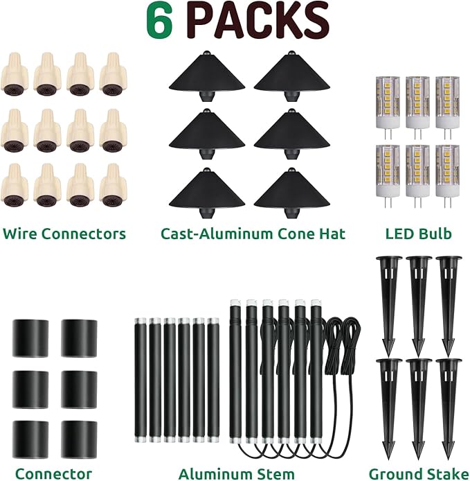 Lumina Lighting® Low Voltage Landscape Lighting Cast-Aluminum Path and Area Light Warm White 3W G4 LED Bulb and ABS Ground Stake Included for Yard Walkway Lawn PAL0105-BkLED6 (Black6-Pack)