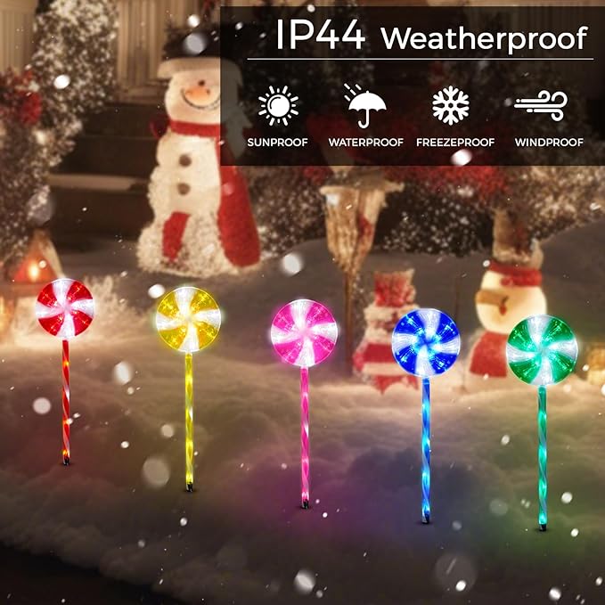 BRIGHTDECK Lollipop Solar Christmas Pathway Lights Outdoor 10 Pack LED Christmas Decor with 8 Lighting Modes Light Up Solar Stake Lights for Holiday Xmas Walkway Sidewalk (Multicolour 10 PCS)