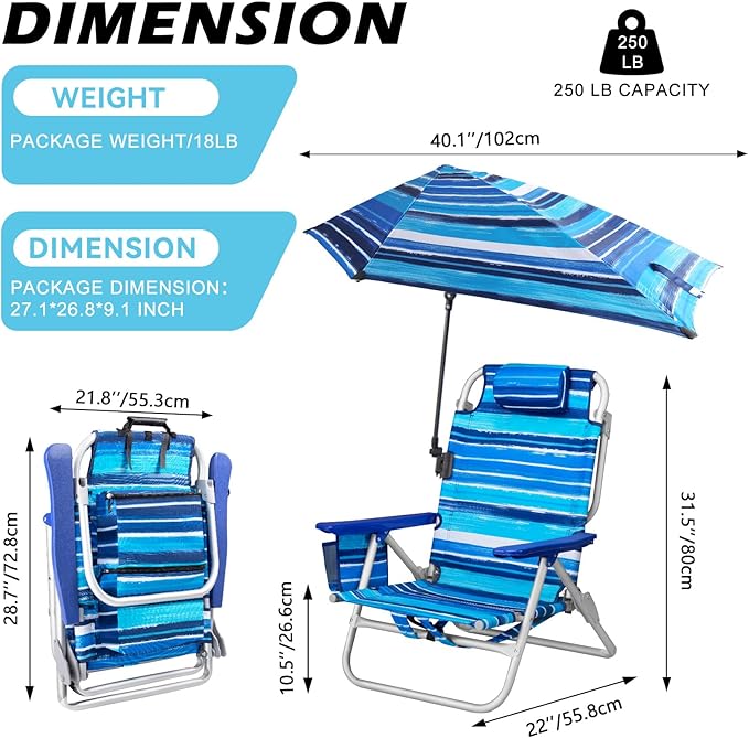 Beach Chair Backpack Chairs for Adults with Adjustable Umbrella Folding Beach Chairs with Storage Pouch Cup Holder &amp Towel Rack Adjustable Lounge Chair for Seaside Blue Strap