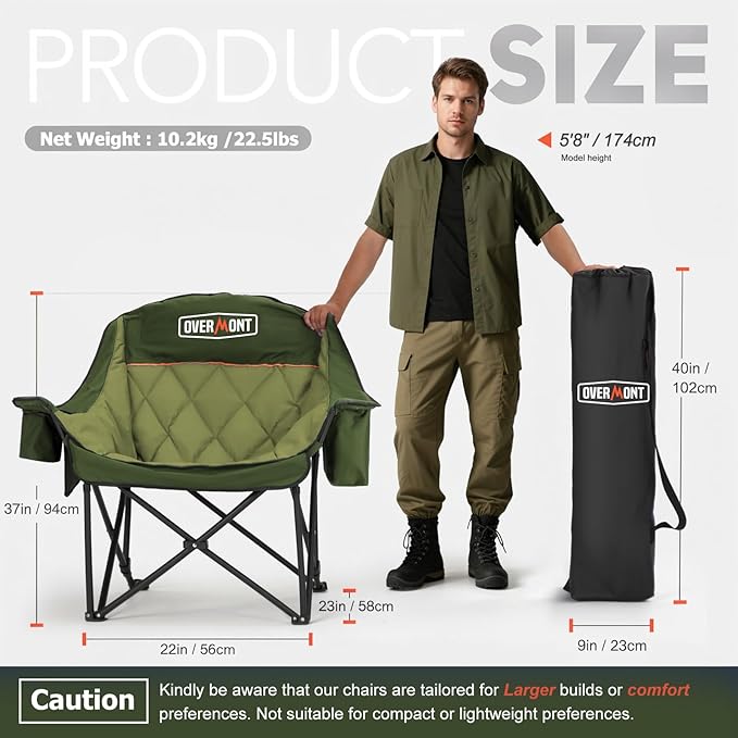 Overmont Oversized XL Camping Chair for Adults - 400lbs Support Heavy-Duty Padded Folding Chair with Side Pocket Cup Holder Cooling Bag for Outdoor Sports Garden Beach Fishing Lawn Green 2pcs