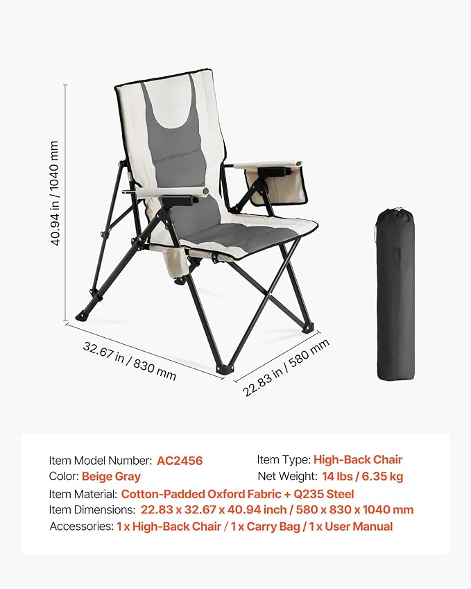 VEVOR Folding Camping Chair 3 Reclining Positions Outdoor High Back Camping Chair 260lbs Weight Capacity Full Padded Beach Chairs with Armrest &amp Headrest Portable Lawn Chairs for Sports Trave