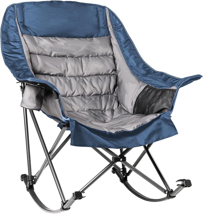 Oversized Rocking Camping Chair for Adults - 400lbs Capacity Padded Camp Chair with Cup Holder Portable Foldable Outdoor Rocker Chair for Camping Backyard Patio (Blue &amp Gray)