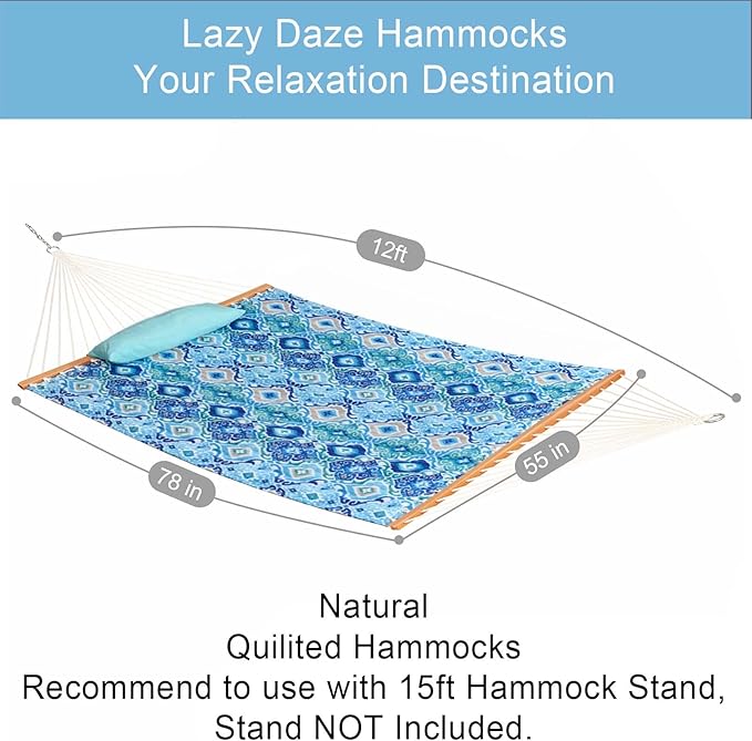 Lazy Daze Hammocks 12FT Quilted Fabric Hammock with Soft Pillow Double 2 Person Tree Hammock with Spreader Bar for Outdoor Outside Patio Garden Yard Pool Beach 450lbs Capacity
