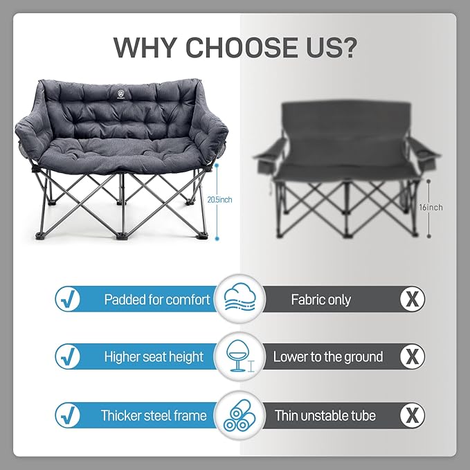 EVER ADVANCED Double Camping Chair for Adults Padded Folding Camping Love Seat Bench with Side Pocket Portable Camping Couch 2 Person Heavy Duty Outdoor Chair with CushionSupport 600lbs 2Pack