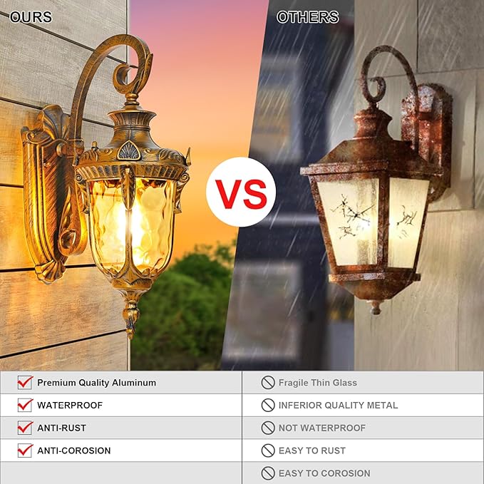 Outdoor Wall Lights Waterproof Aluminum Porch Wall Light for Outside House Patio Yard Garden Gold Gooseneck Exterior Wall Sconce Hardwired Outdoor Acorn Shape Lantern Water Ripple Glass 2pack