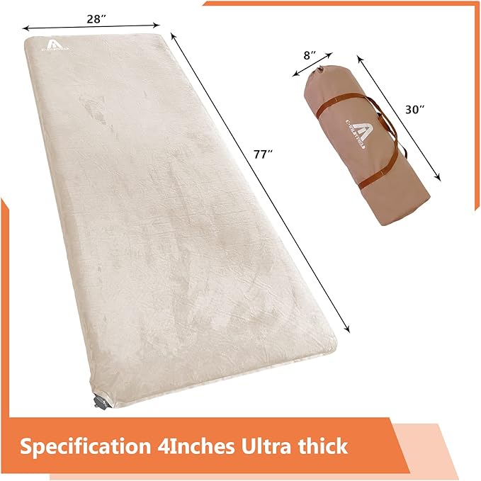 C·WILDYFIELD 4 INCH Thick Self Inflating Sleeping Pad with 9 R Value Foam Camping Mattress Ultra Thick Comfort Camping Mattress Inflatable Foam Camping Pad Portable Comfortable Sleeping Pad