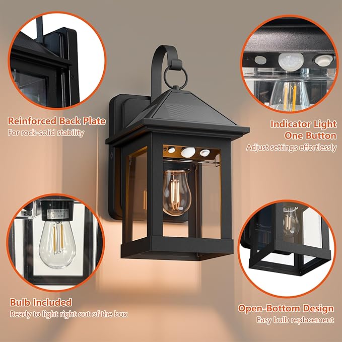 Solar Wall Lanterns Outdoor 2 Pack with E26 Bulb Dusk to Dawn Motion Sensor 3 Modes Waterproof Porch Wall Lights for Patio Fence Garage Front DoorEntryway