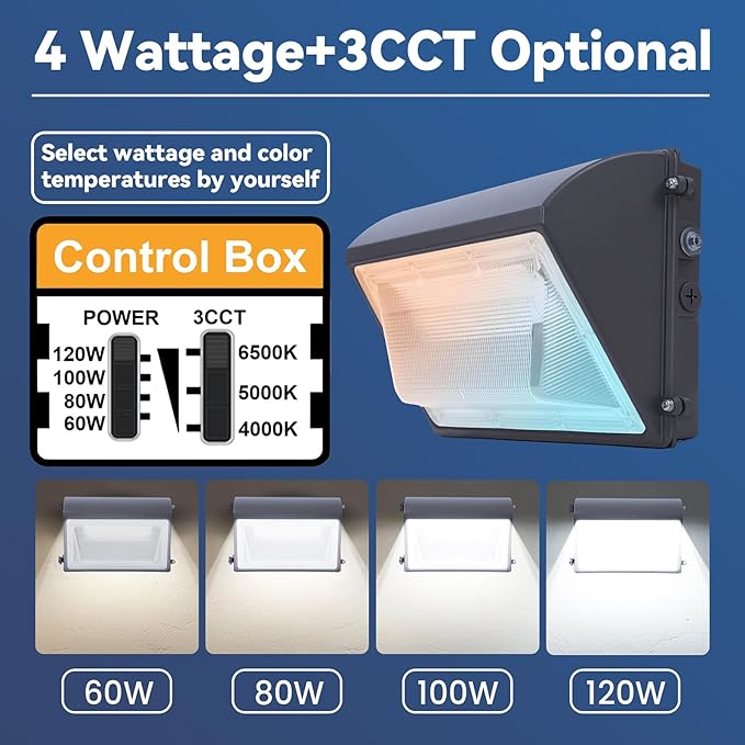 120W LED Wall Pack Light with Photocell 4000/5000/6500K 3CCT 60/80/100/120W Switchable Security Lighting Dusk to Dawn Outdoor LED wall lights for Parking Lot Warehouse Barn 100-277V ETL Listed