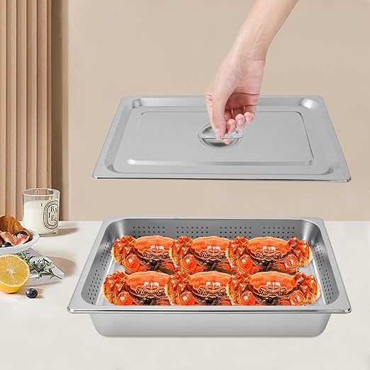 A Set of Full Size 4 in Steam Table Pan and 2.6in Perforated Pan with Lid Hotel Pan Food Warmer Pan Buffet Tray Servers Pans for Catering Kitchen Restaurant Supplies