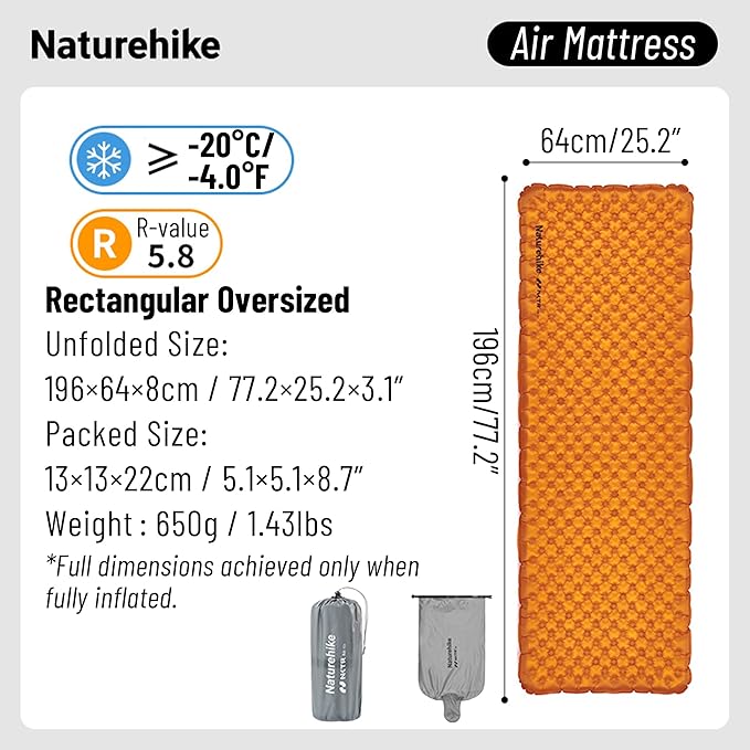 Naturehike Ultralight Insulated Sleeping Pad - R5.8 Insulated Inflatable Sleeping Pad 3.1in Thickened Portable Compact Backpacking Sleeping Mat for Camping Hiking Climbing with Inflatable Bag