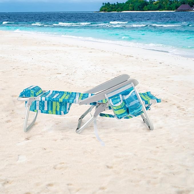 COSTWAY Backpack Beach Chair Foldable Camping Chair with 5 Adjustable Position Cup Holder Storage Pockets Straps Towel Rack Pillow for Patio Outdoor (Blue and Green Stripe1)