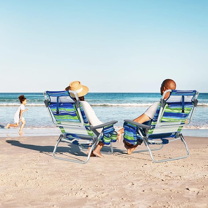 Tangkula Set of 2 Backpack Beach Chair 5-Position Lay Flat Beach Chairs with Cooler Bag 2 Cup Holders Towel Bar Lightweight Folding Beach Chair with Backpack Straps