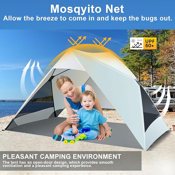 Pop Up Beach Tent for 2/3/4 Person with UPF 50+ UV Protection Lightweight &amp Easy Setup Beach Shade Canopy Wind-Resistant Shelter Portable Cabana for Family Outdoor Picnics Fishing