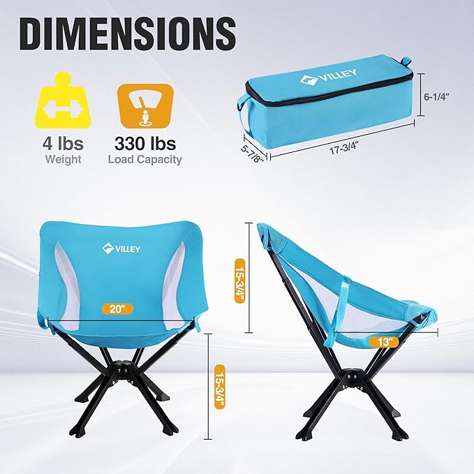 VILLEY Portable Folding Chair Lightweight Camping Chair No Assembly Needed Quick Setup for Beach Hiking Supports 330 LBS Blue