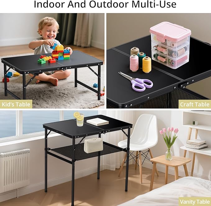 Anbte 3ft Camping Table Foldable with Storage Net 3 Heights Max 29.5 Aluminum Camping Table with Portable Handle Lightweight for Travel Outdoor Beach Picnic Patio Indoor 36 x 24 Pure Black