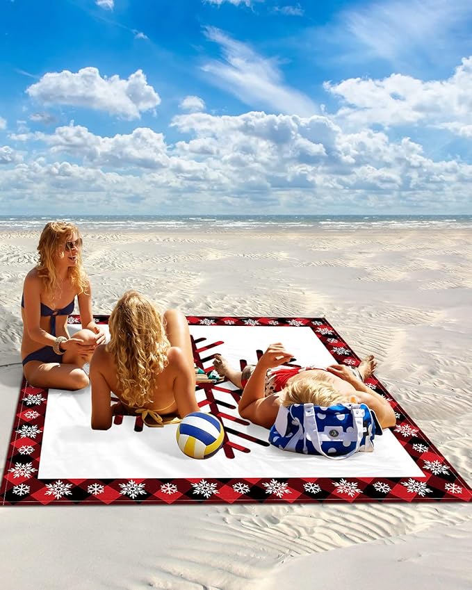 Beach Blanket Waterproof Sandproof Winter Snowflake Christmas Snow Red Buffalo Plaid Quick Drying Beach Mat with 4 Stakes Black Grid White Back Lightweight Picnic Blanket for Travel Camping 83x79