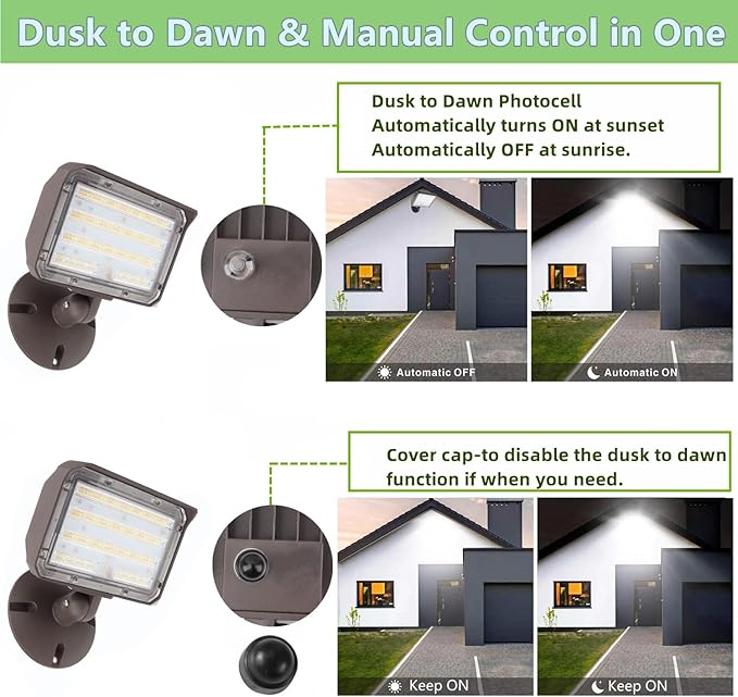 2Pack Dusk to Dawn Outdoor 60W LED Flood Light with Knuckle &amp Plate Mount 3000K/4000K/5000K Color Selectable ETL Commercial LED Security Lighting