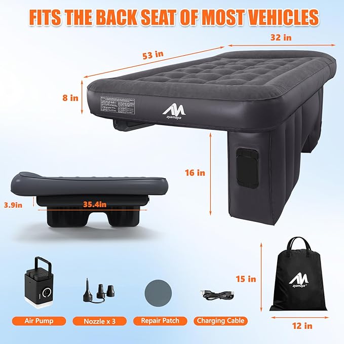 AYAMAYA Car Air Mattress Back Seat Inflatable Car Bed with Built-in Cordless Rechargeable Air Pump for SUV Sedan All-in-One Car Mattress with Pillow &amp Support Column for Camping Road Trip Tra