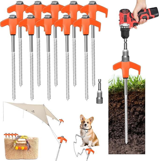 12 Pack 8 Screw in Tent Stakes Heavy Duty- Ground Anchors Screw- Tent Pegs Camping Stakes- Hex Pegs Drillable Tent Stakes and Hexagon Head Drive and Storage Box (Orange)