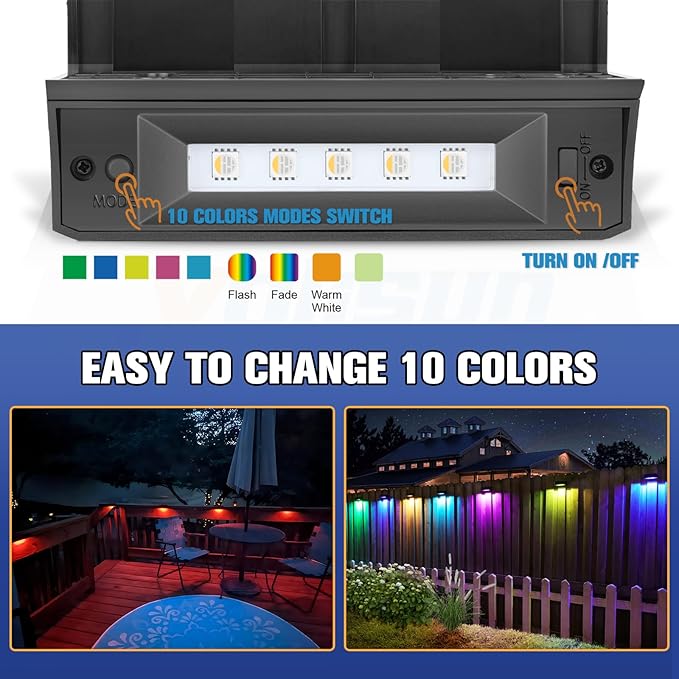 VOLISUN 12-Pack 1800mAh Outdoor Solar Fence Lights - Waterproof LED Color Glow for Step Railing Wall Stairs