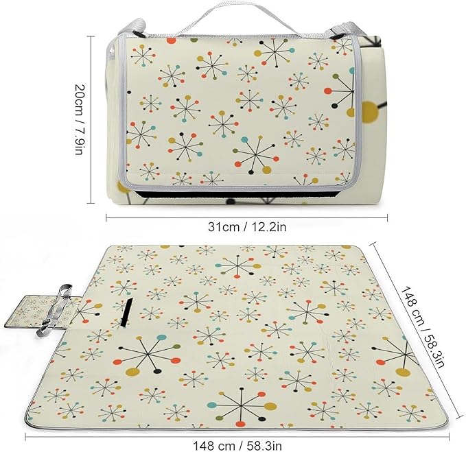 Modern Atomic Stars Retro Colors Stock Illustration Waterproof Outdoor Picnic Blanket Sandproof Beach Mat for Camping Hiking Grass Travelling