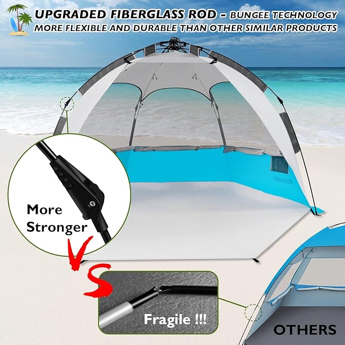 2-3 Person Large Instant Pop Up Beach Tent UV Protection Portable Easy Setup Sun Shade Shelter Extended Floor with 3 Ventilating Mesh Windows for Outdoor Camping Fishing (Light Blue)