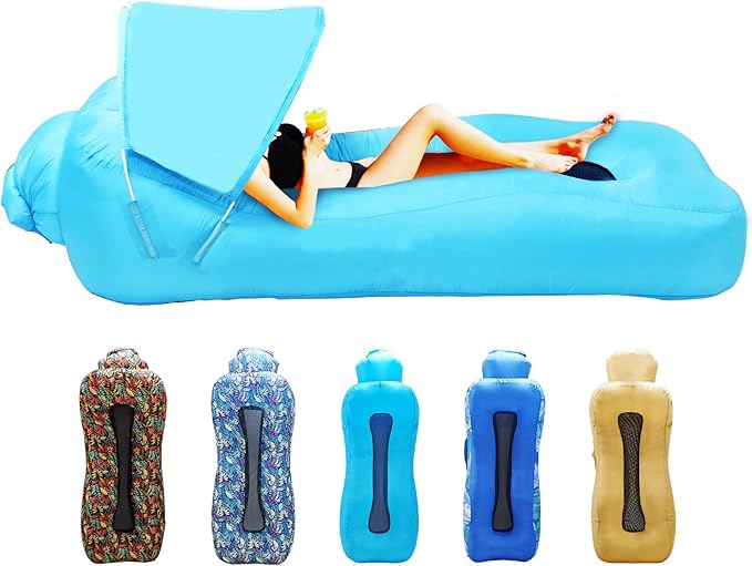 Inflatable Couch Inflatable Lounger Air Sofa | No-Pump Blow Up Couch | Ergonomic Design Air Couches Outdoor for Camping &amp Park &amp Beach Upgrade Your Camping Accessories-with Sun Shade（Blue）