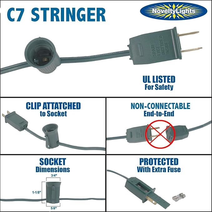 Novelty Lights 200 Foot C7 Outdoor String Light Christmas Stringer - Patio String Lights - Candelabra Base (C7/E12) - 24 Spacing - White Wire