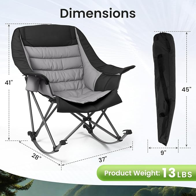 Oversized Rocking Camping Chair for Adults 400LBS Capacity Foldable Outdoor Rocker with Padded Seat Cup Holder Portable Camp Chair for Camping Backyard Patio Beach (Dark Black 2 PCS)