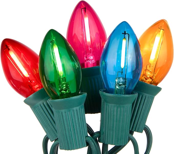 SUNSGNE 25 Feet Multicolor Christmas Lights C7 LED Outdoor Vintage Christmas Lights with 27 LED Clear Colored Bulbs(2 Spare) for Patio Porch Roofline Decorations- Green Wire