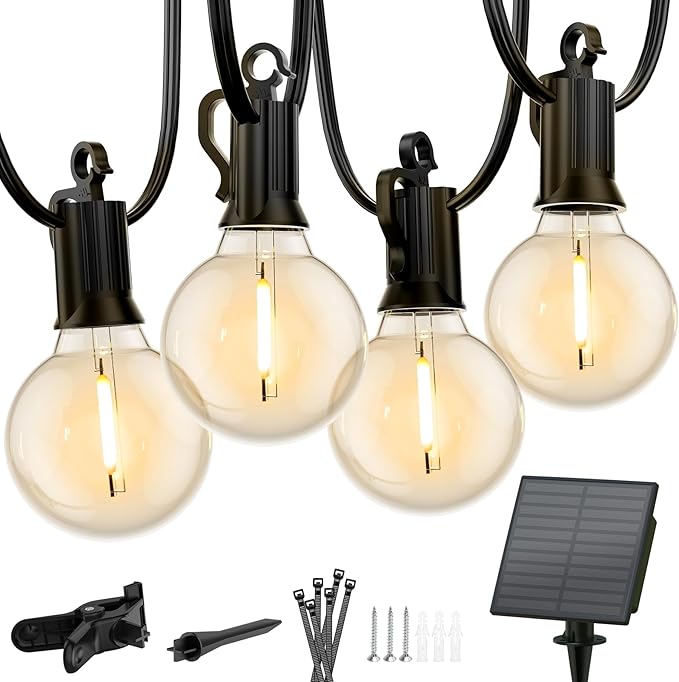 Minetom 158FT Solar String Lights Outdoor with Cable Ties and Hooks Commercial Waterproof Solar Powered Patio Lights with 75 LED Shatterproof Bulbs Hanging Light for Outside Backyard Garden Decor