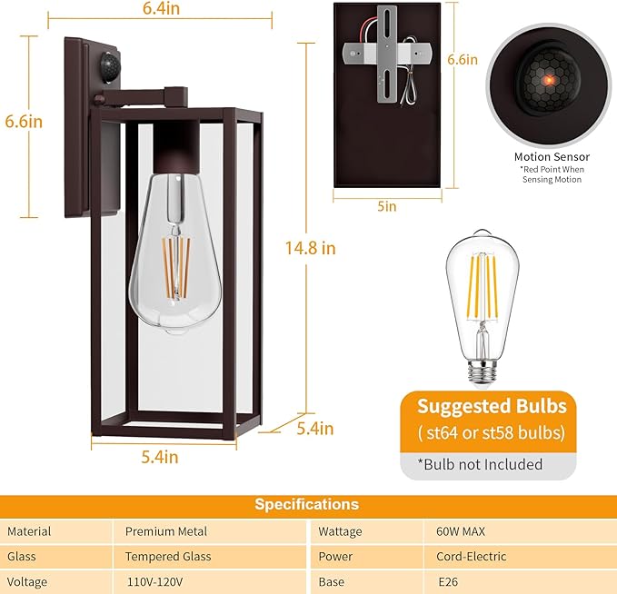 15'' Oil Rubbed Bronze Motion Sensor Outdoor Front Porch Light Fixtures Wall Mount 2 Pack Waterproof Exterior Wall Sconce Large Lantern LampOutside Coach Light for HouseGarageYard