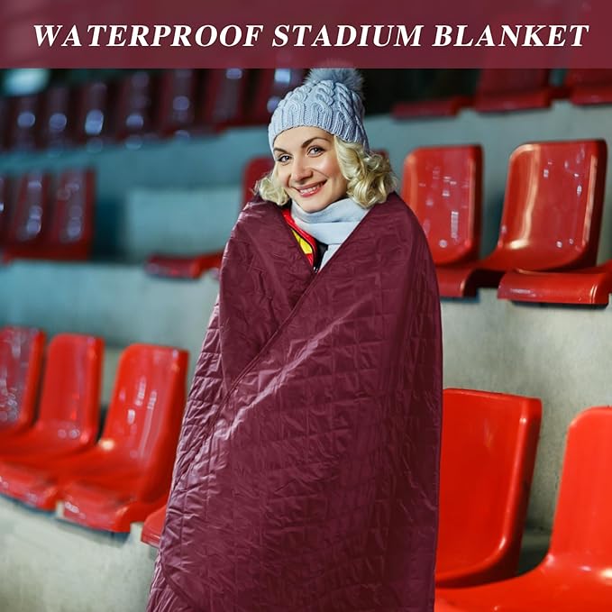 Preboun 4 Pack Large Waterproof Stadium Blankets Thick Warm Fleece Picnic Camping Blankets for Cold Weather Football Games Concerts Beach Outdoor Activities Homeless Donations(Dark Red)
