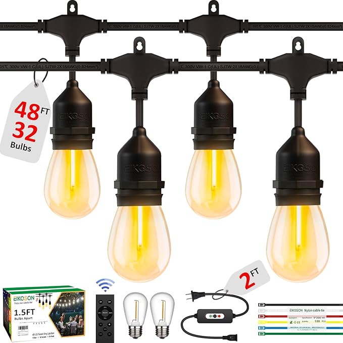 50FT Outdoor String Lights Waterproof with 30+2 Bulbs (1.5FT Bulbs Spacing) Remote &amp Dimmer Commercial Grade Patio Lights with 3 Mode Light &amp Timing100PC Ties for Outside