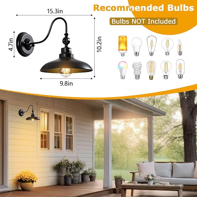 2-Pack Outdoor Wall Lights Matte Black Farmhouse Gooseneck Barn Light 9.8 inch Angle-Adjustable Waterproof Exterior Wall Light Fixtures Modern Wall Mount Porch Lights for House Garage Doorway