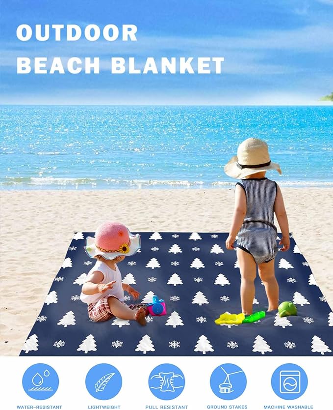 Beach Blanket Waterproof Sandproof Oversized Abstract Christmas Trees Beach Mat with Corner Stakes Sand Pockets Xmas Snowflakes on Blue Outdoor Picnic Mat for Travel Camping Hiking 95x80In