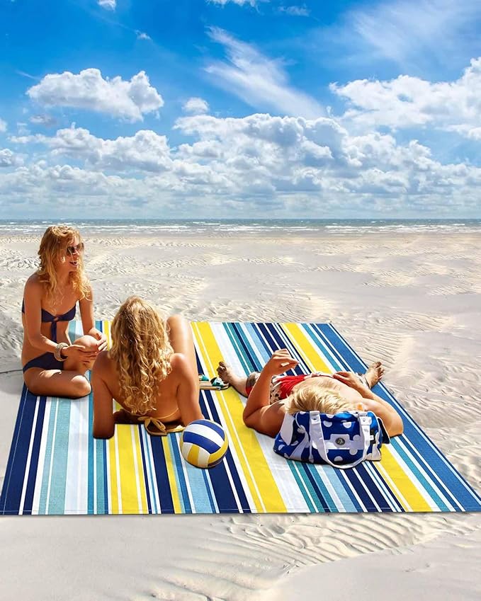 Beach Blanket Waterproof Sandproof Picnic Blanket 83x79 Foldable Beach Mat with Colorful Stripes Texture Art Summer Beach Pattern for Camping Park Grass Beach Travel