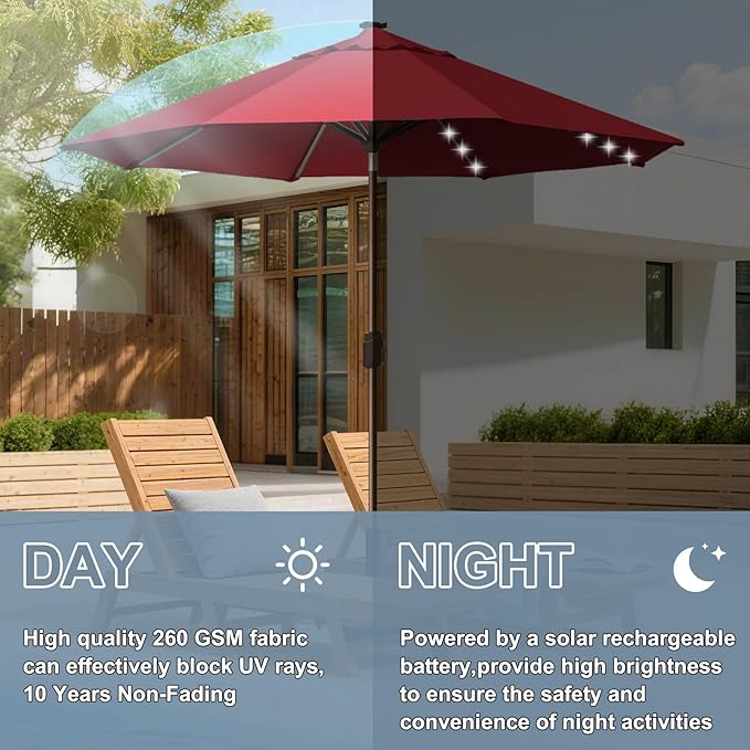 EliteShade USA 10-Year-Non-Fading 10Ft Market Umbrella with 80 LED Lights Patio Umbrella Outdoor Table Umbrella with Ventilation(Red)