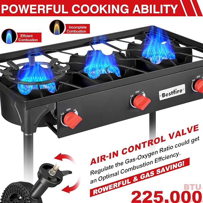 Bestfire 3 Burners Camping Stove for Cooking Outdoor 225000 BTU Propane Burners with Ignition wire&ampRemovable Legs Temperature Control Knobs and 20 PSIG High Pressure Regulator for BBQ