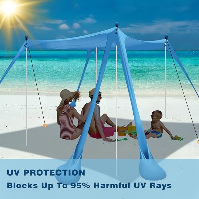 Beach Canopy Tent Sun Shade with 6 Sandbags Beach Tent Sun Shelter UPF 50+ UV Protection Poles and Ground Pegs and Anti-Wind Ropes for Outdoor Camping Backyard and Picnics